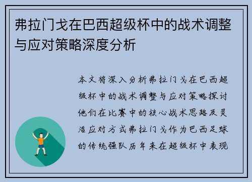 弗拉门戈在巴西超级杯中的战术调整与应对策略深度分析