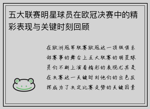五大联赛明星球员在欧冠决赛中的精彩表现与关键时刻回顾