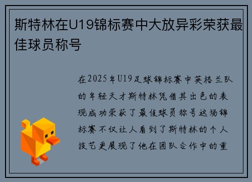 斯特林在U19锦标赛中大放异彩荣获最佳球员称号