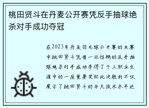 桃田贤斗在丹麦公开赛凭反手抽球绝杀对手成功夺冠